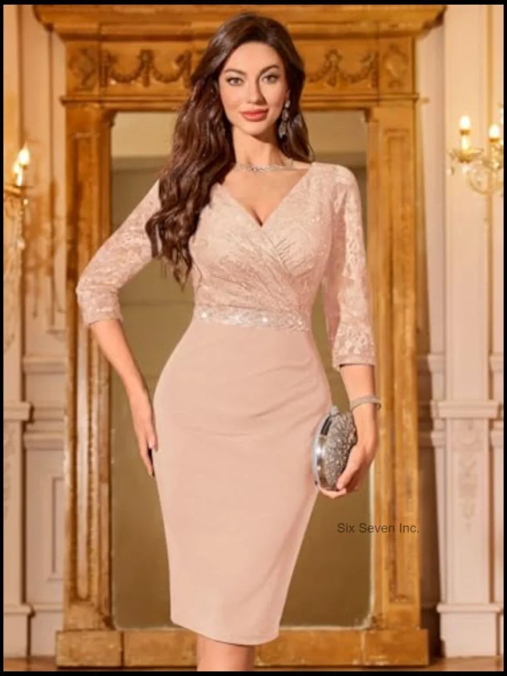 Deep V-Neck Floral Lace Ruffle Glitter Sequin Semi Formal Cocktail Dress - Picture 2 of 7